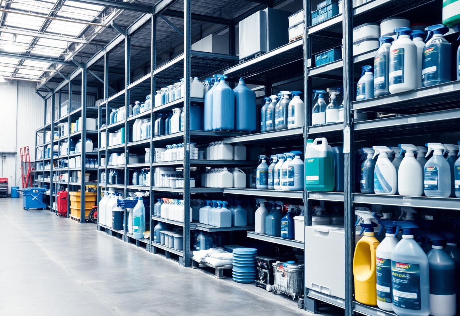 Organized commercial cleaning supply warehouse with cleaning chemicals and equipment